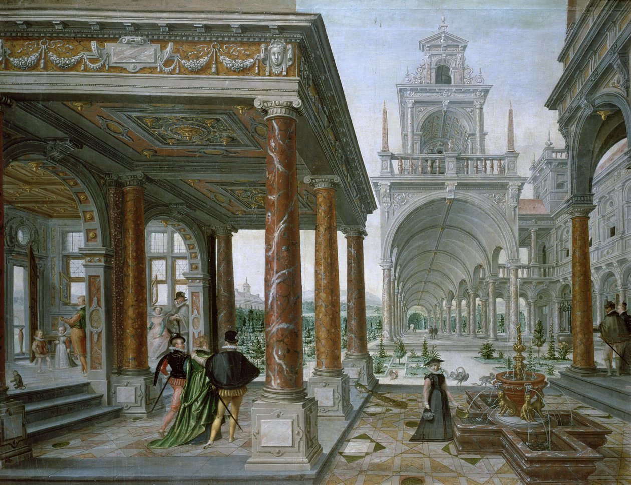 Capriccio palácové architektury s promenádujícími postavami, 1596 od Hans or Jan Vredeman de Vries