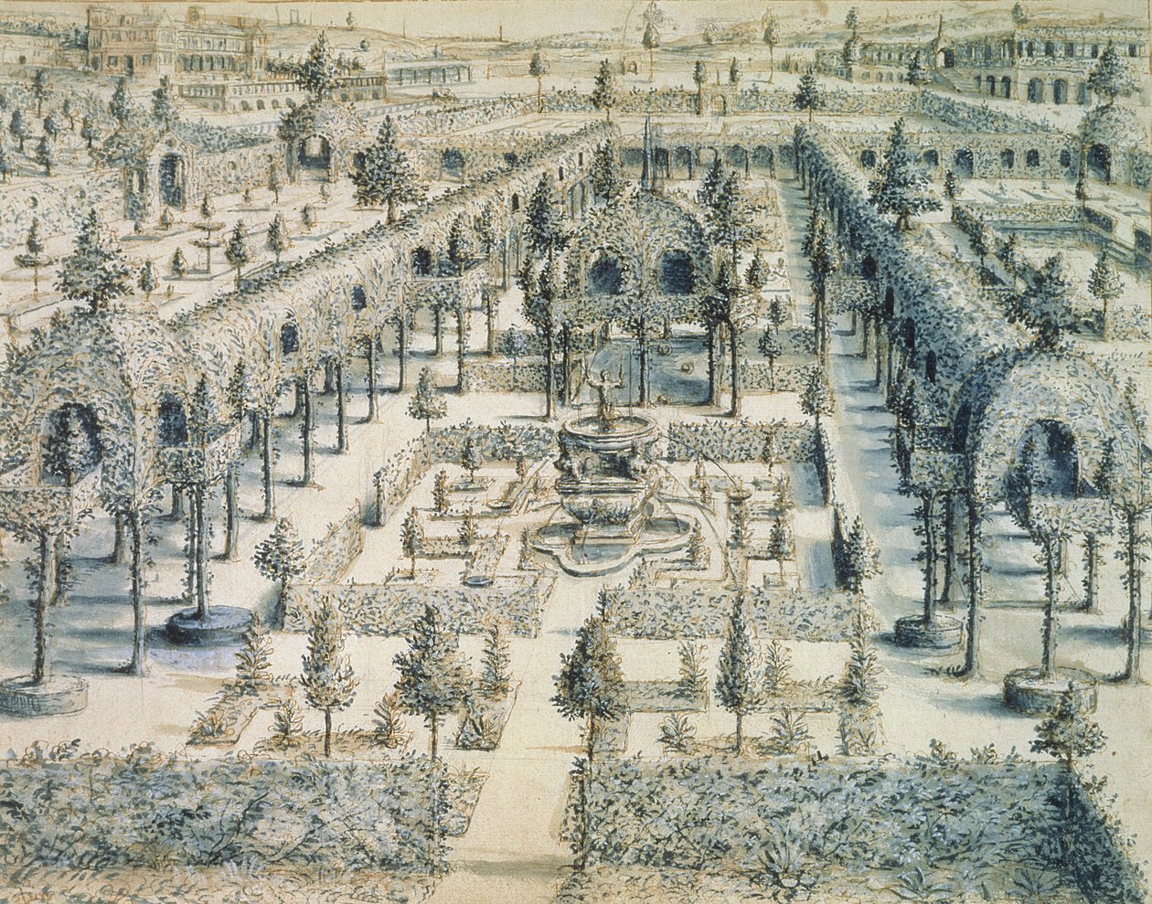 Design pro okrasnou zahradu, 1576 (pero, inkoust a modrá barva na papíře) od Hans or Jan Vredeman de Vries