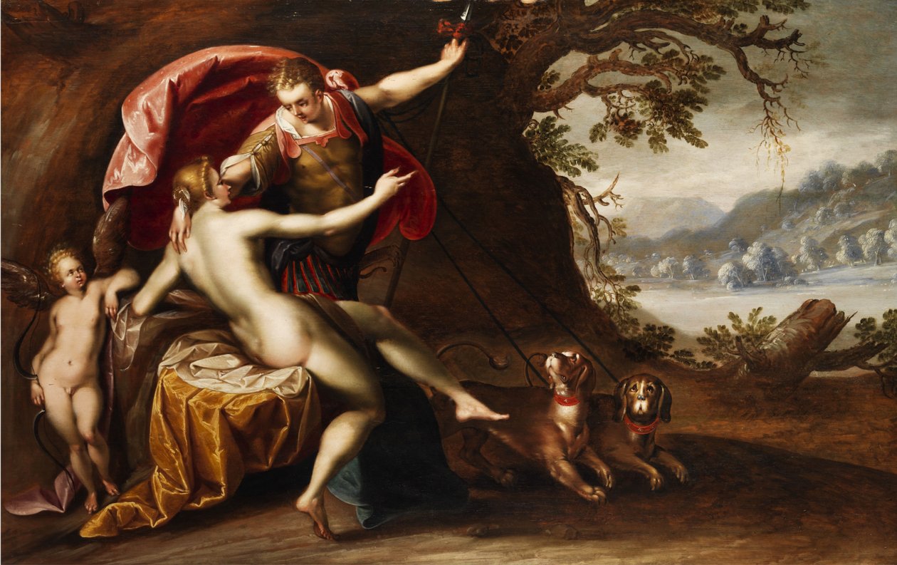 Venuše a Adonis s psy od Hans von Aachen
