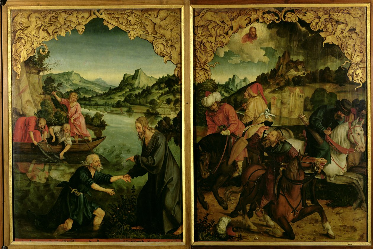 Příběhy oltářního obrazu sv. Petra a Pavla: detail zobrazující od L k R, Povolání sv. Petra, Obrácení sv. Pavla (detail) od Hans von Klumbach