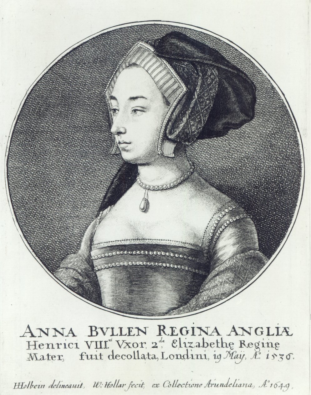 Anne Boleyn, kaivertanut Wenceslaus Hollar od Hans (after) Holbein the Younger