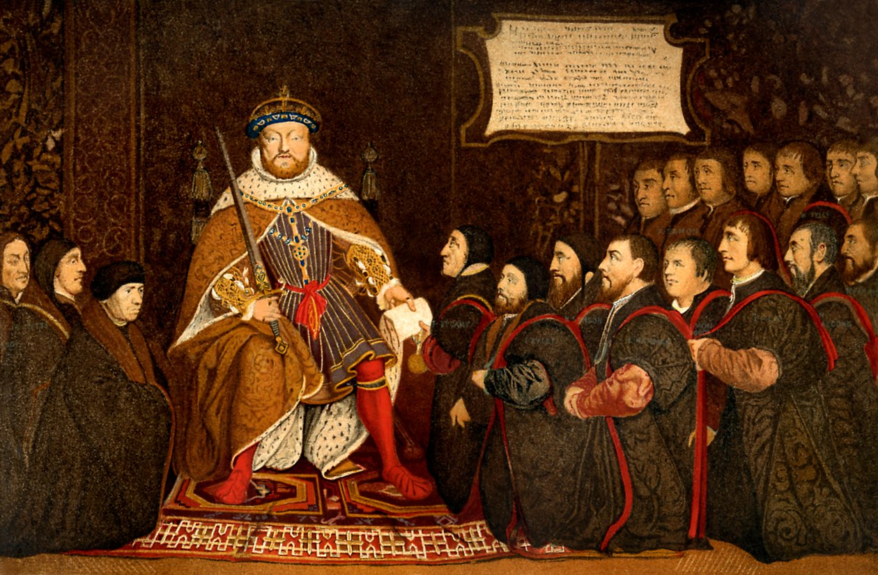 Jindřich VIII. a holiči, ilustrace z "Cyklopedie kostýmů...". od Hans (after) Holbein the Younger