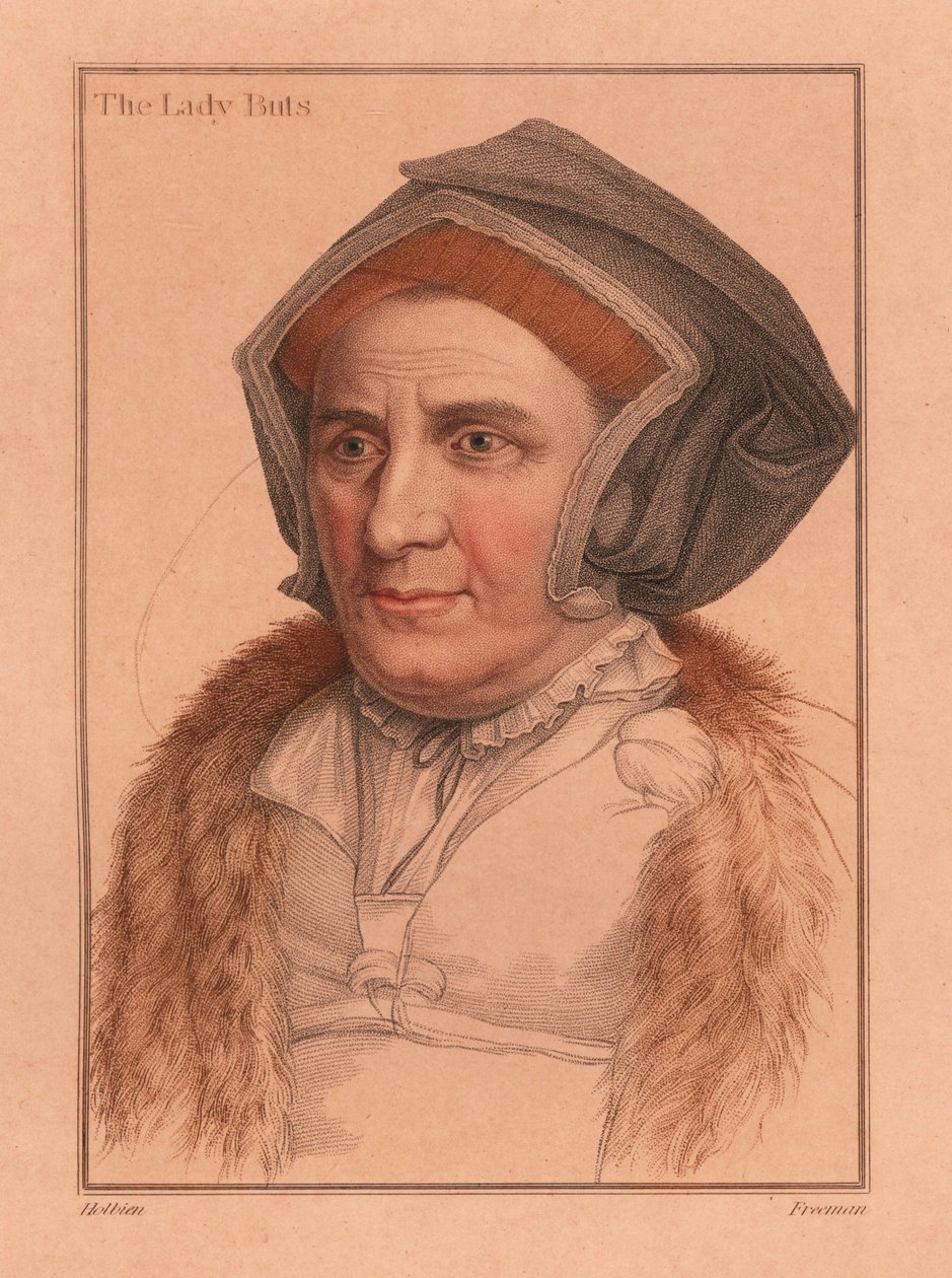 Margaret Bacon, Lady Butts, dvorní dáma u soudu Jindřicha VIII., 1812 (rytina) od Hans (after) Holbein the Younger