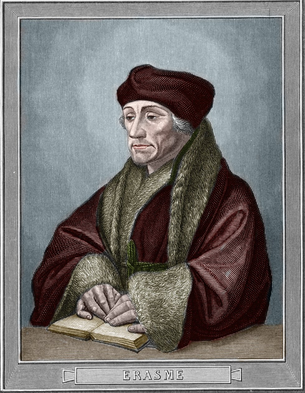 Portrét Didiera Erasma (Erasma Rotterdamského) (1469 - 1536), holandského humanisty. Rytina podle originálu Holbein Hans the Young (1497-1543). Rytina z roku 1859 v „“ galeriích Evropy – Itálie „“ od armengauda. Soukromá sbírka. od Hans (after) Holbein the Younger