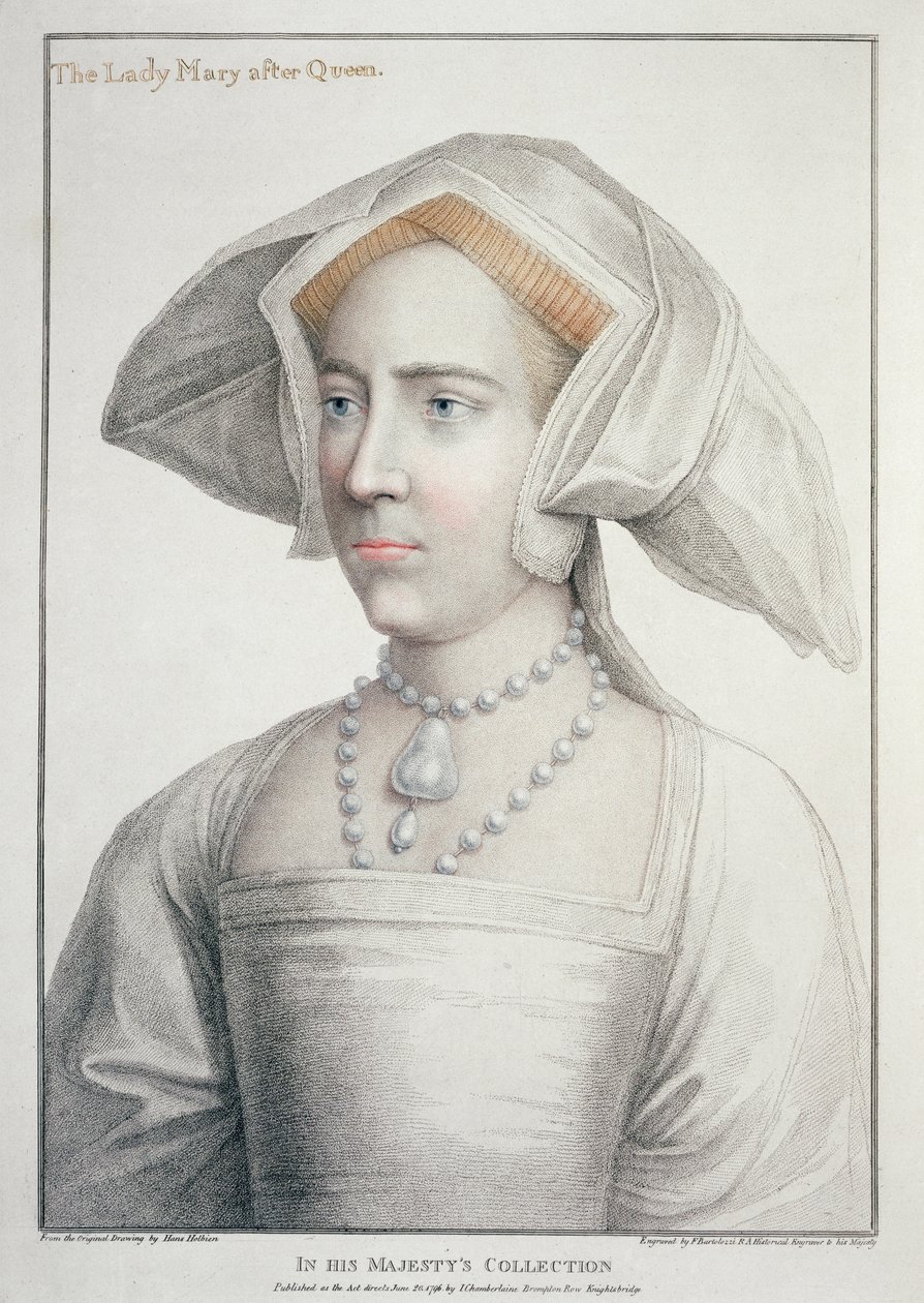 Portrét Lady Mary po královně (1516-58) vyrytý Francescem Bartolozzim (1727-1815) 1796 (rytina) od Hans (after) Holbein the Younger
