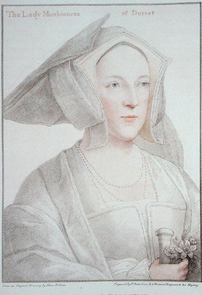 Lady markýza z Dorsetu (1481-1535) vyryla Francesco Bartolozzi (1727-1815) 1795 (rytina) od Hans (after) Holbein the Younger