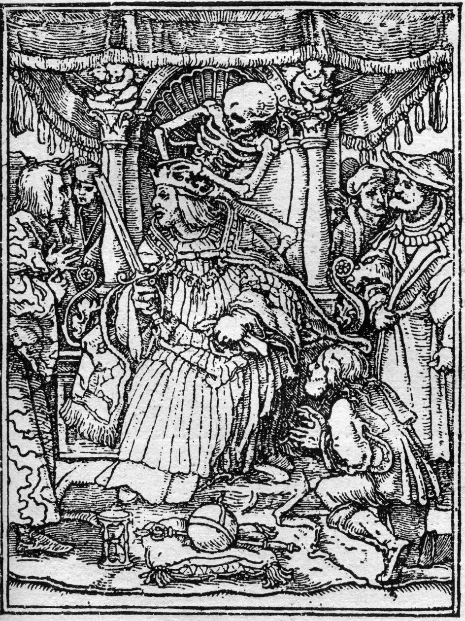 Simulakony smrti Hanse Holbeina Mladého (1497-1543): císaře. Zatímco Smrt sebere korunu císaře, rolník ho prosí o spravedlnost. Rytina. od Hans (after) Holbein the Younger