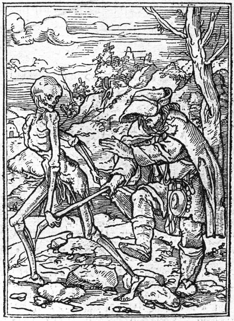 Simulacony smrti Hanse Holbeina mladšího (1497-1543): slepý. Smrt popadne hůl nevidomého a funguje jako průvodce. Rytina. od Hans (after) Holbein the Younger