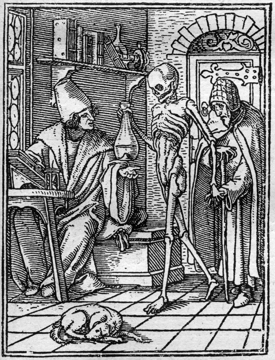 Simulakony smrti Hanse Holbeina mladšího (1497-1543): lékaře. Smrt přichází mezi lékaře a jeho pacienta. Rytina. od Hans (after) Holbein the Younger