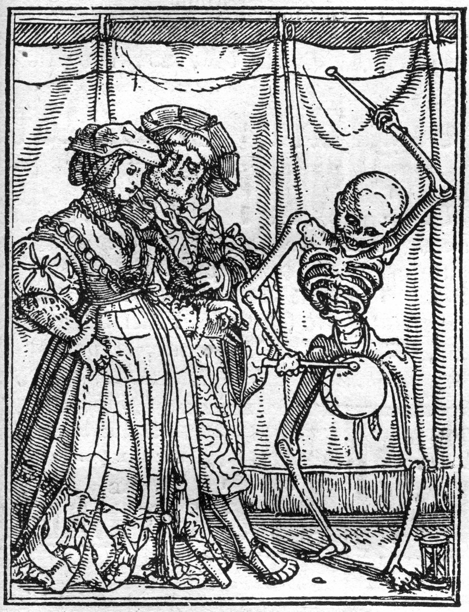 Simulacony smrti Hanse Holbeina mladšího (1497-1543): manželé. Smrt hraje na buben před párem. Rytina. od Hans (after) Holbein the Younger
