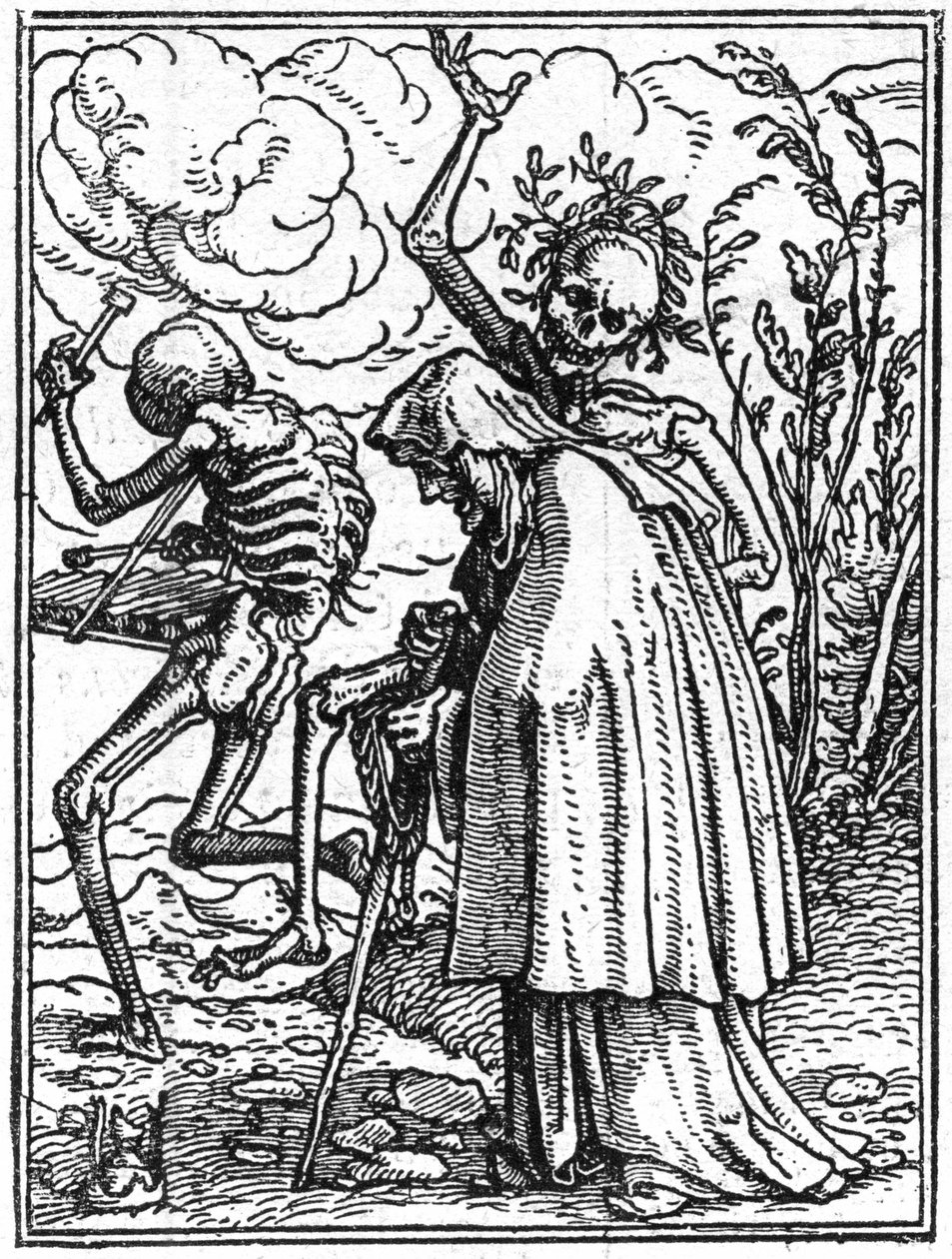 Simulacony smrti Hanse Holbeina mladšího (1497-1543): starý. Smrt doprovází starou dámu k jejímu osudu. Rytina. od Hans (after) Holbein the Younger