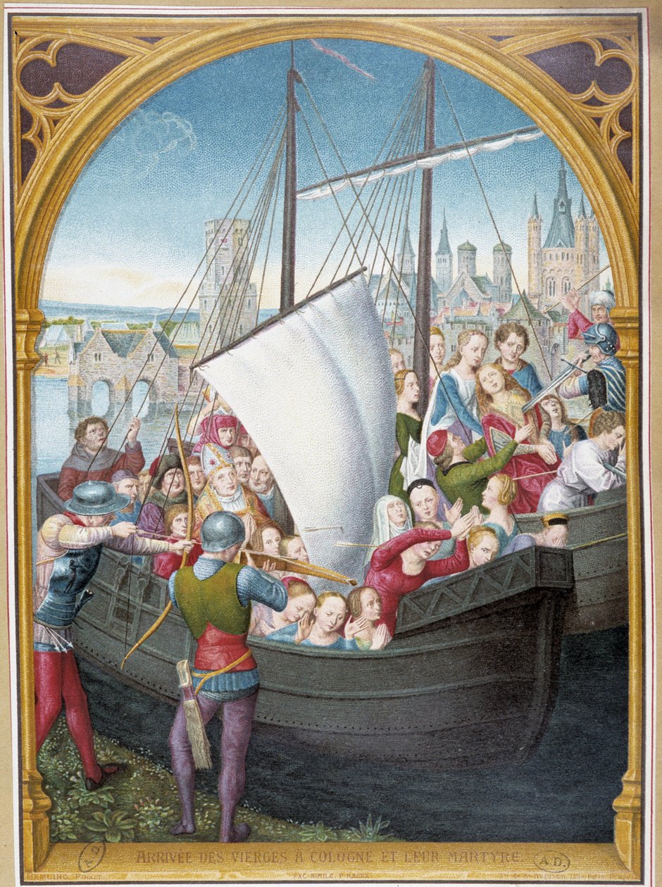 Vylodění panen v Kolíně nad Rýnem a jejich mučednická smrt, od p. šachy Svaté Uršuly, Bruggy, od Memlinga od Hans (after) Memling