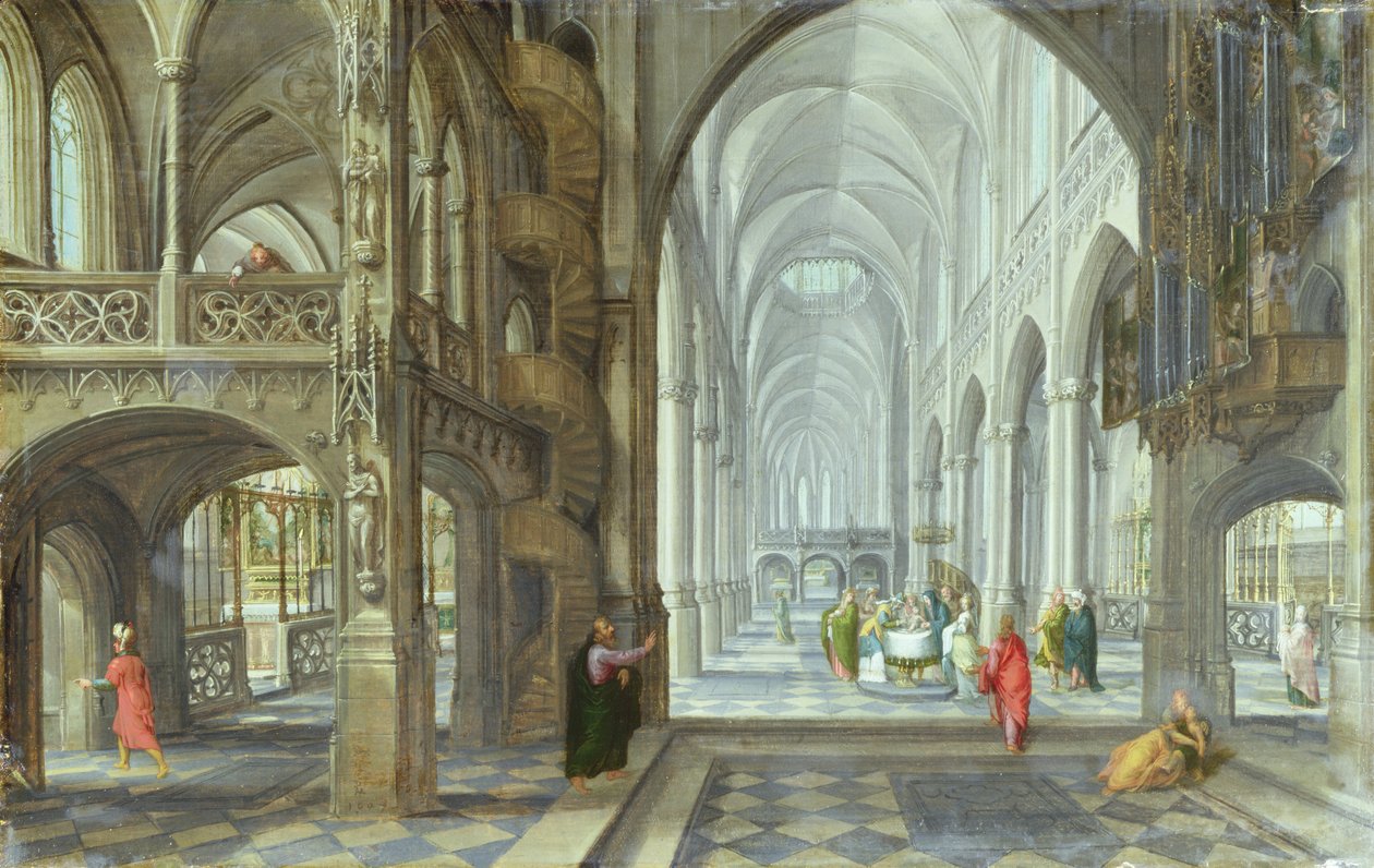 Interiér gotického kostela s Obřízkou Krista odehrávajícího se v hlavní lodi, kolem roku 1600 (olej na plátně) od Hans (after) Vredeman de Vries