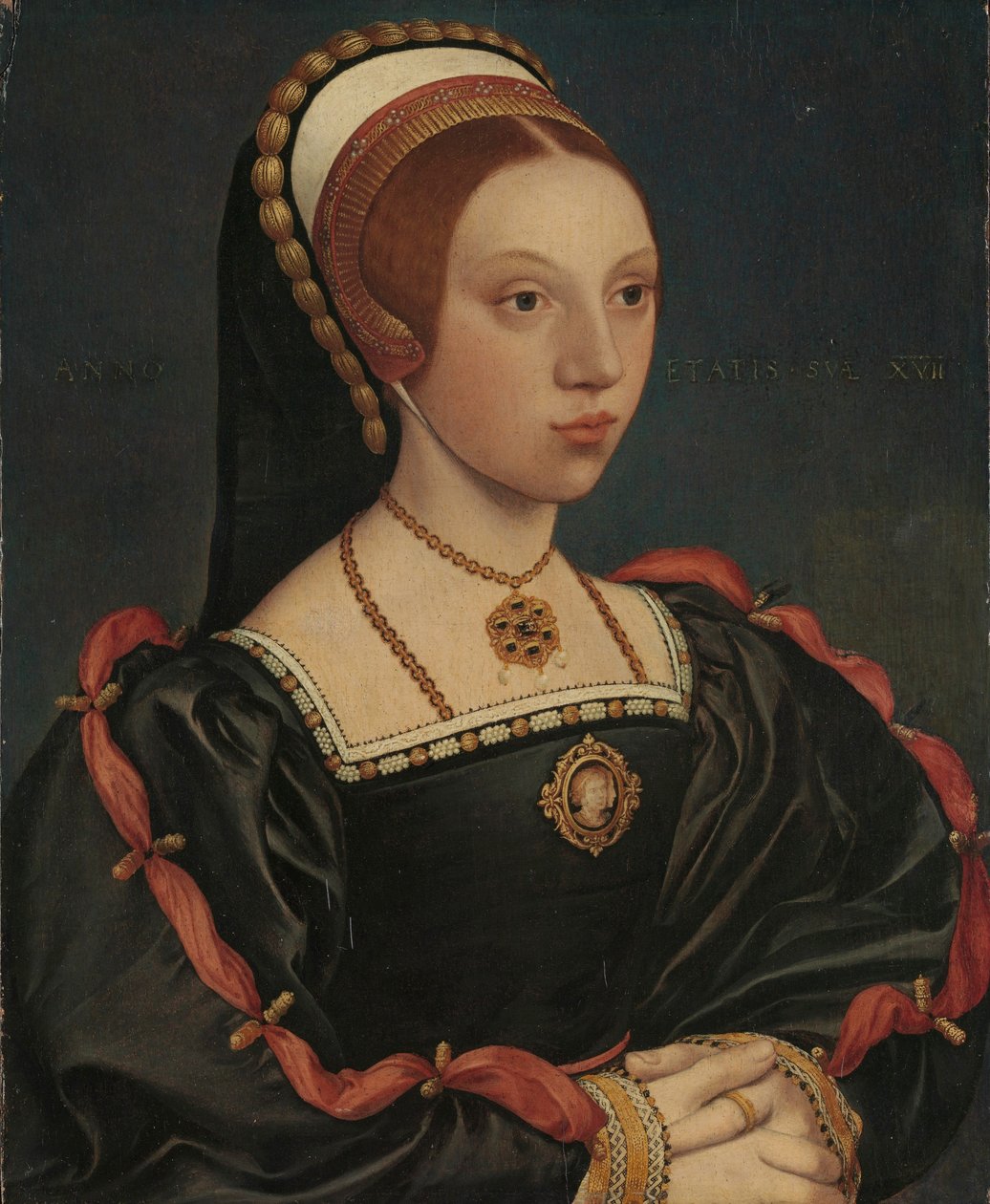 Portrét mladé ženy, cca 1540-45 (olej a zlato na dubu) od Hans (attr. to) Holbein the Younger