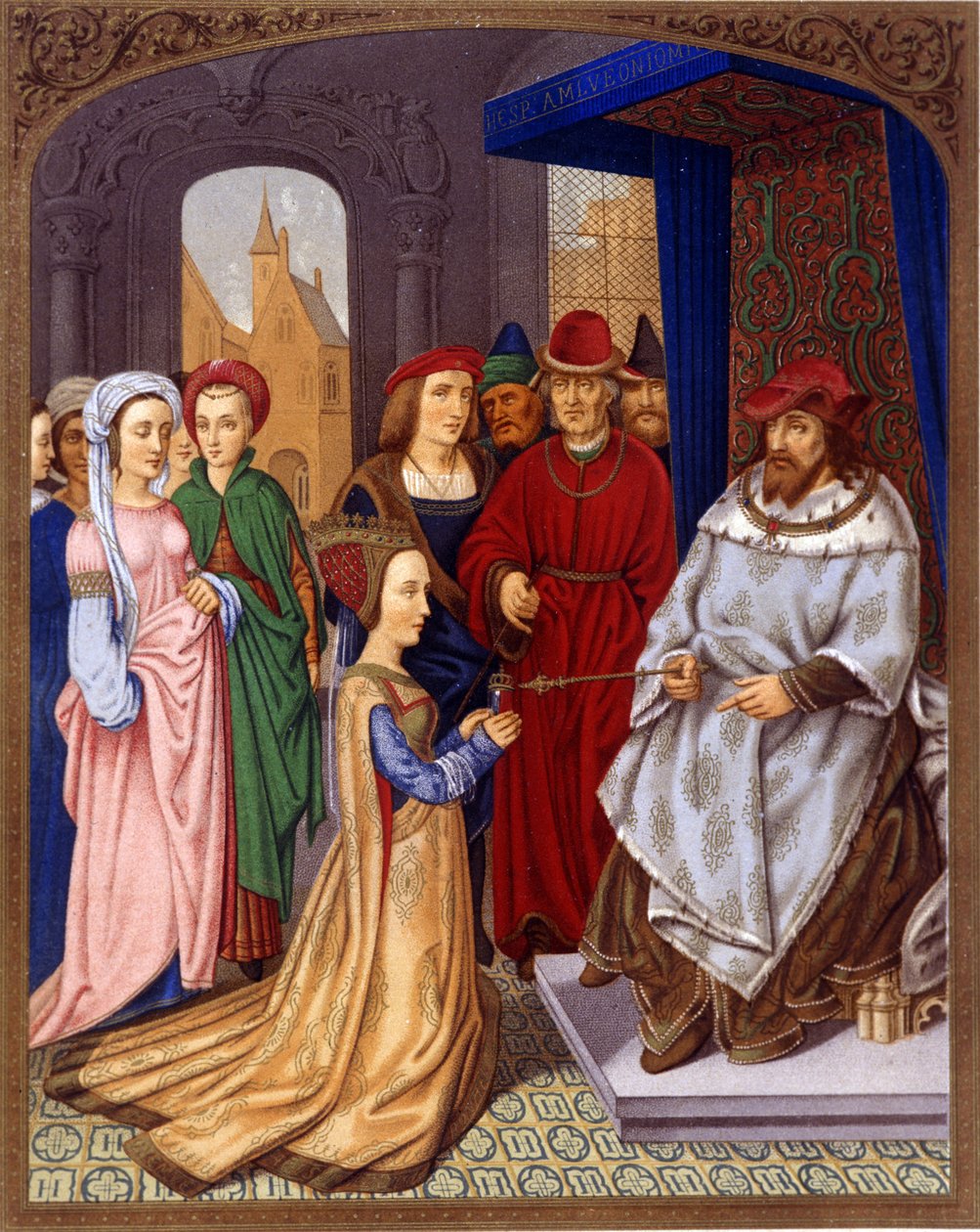 Královna ze Sáby před Šalamounem – miniatura breviáře kardinála Grimaniho připisovaná Memlingovi, Biblioteca Marciana, Benátky. od Hans (attr.to) Memling
