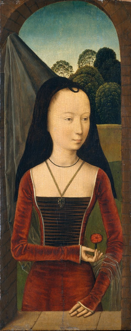 Mladá žena s růžovou, cca 1485-90 (olej na dřevě) od Hans (attr.to) Memling