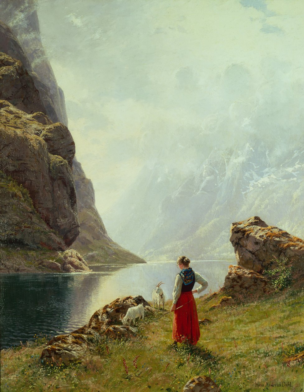 Dívka s kozami u fjordu (olej na plátně) od Hans Andreas Dahl
