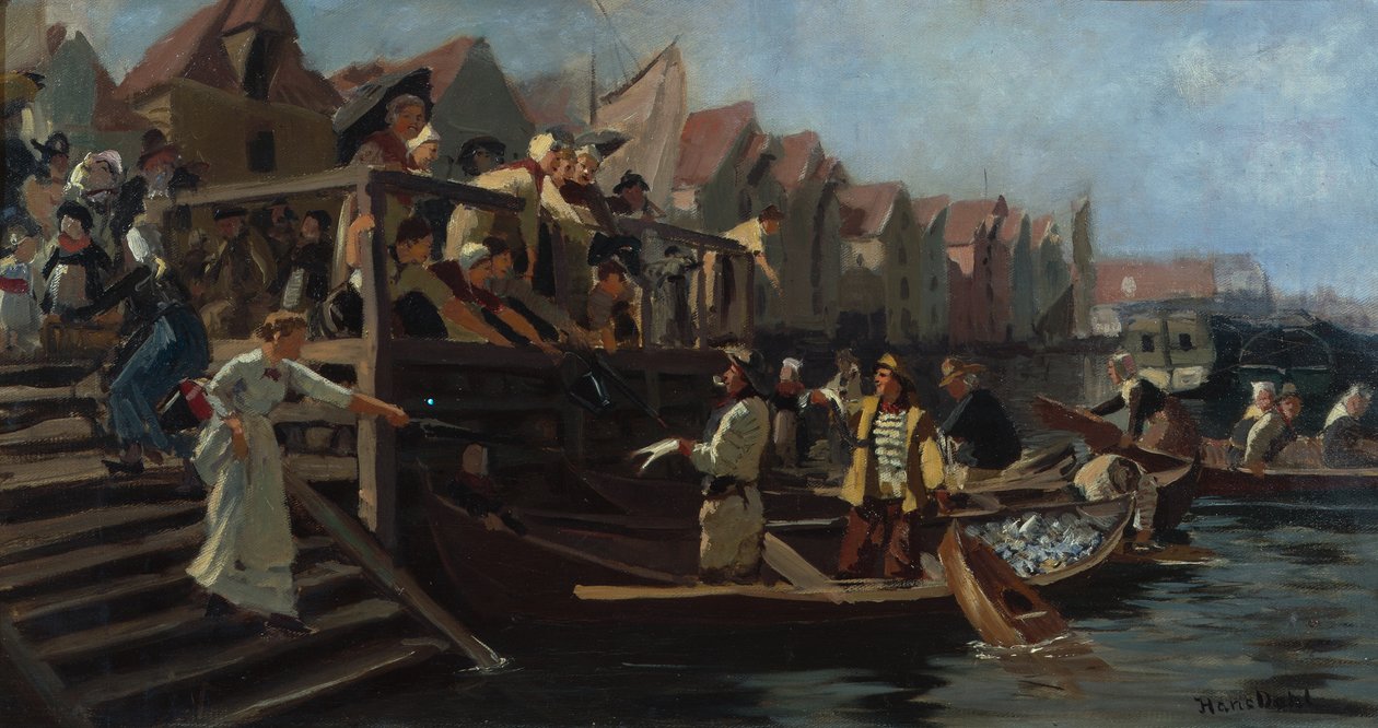 Dražba na rybím trhu, Triangle of Bergen (olej na plátně) od Hans Andreas Dahl