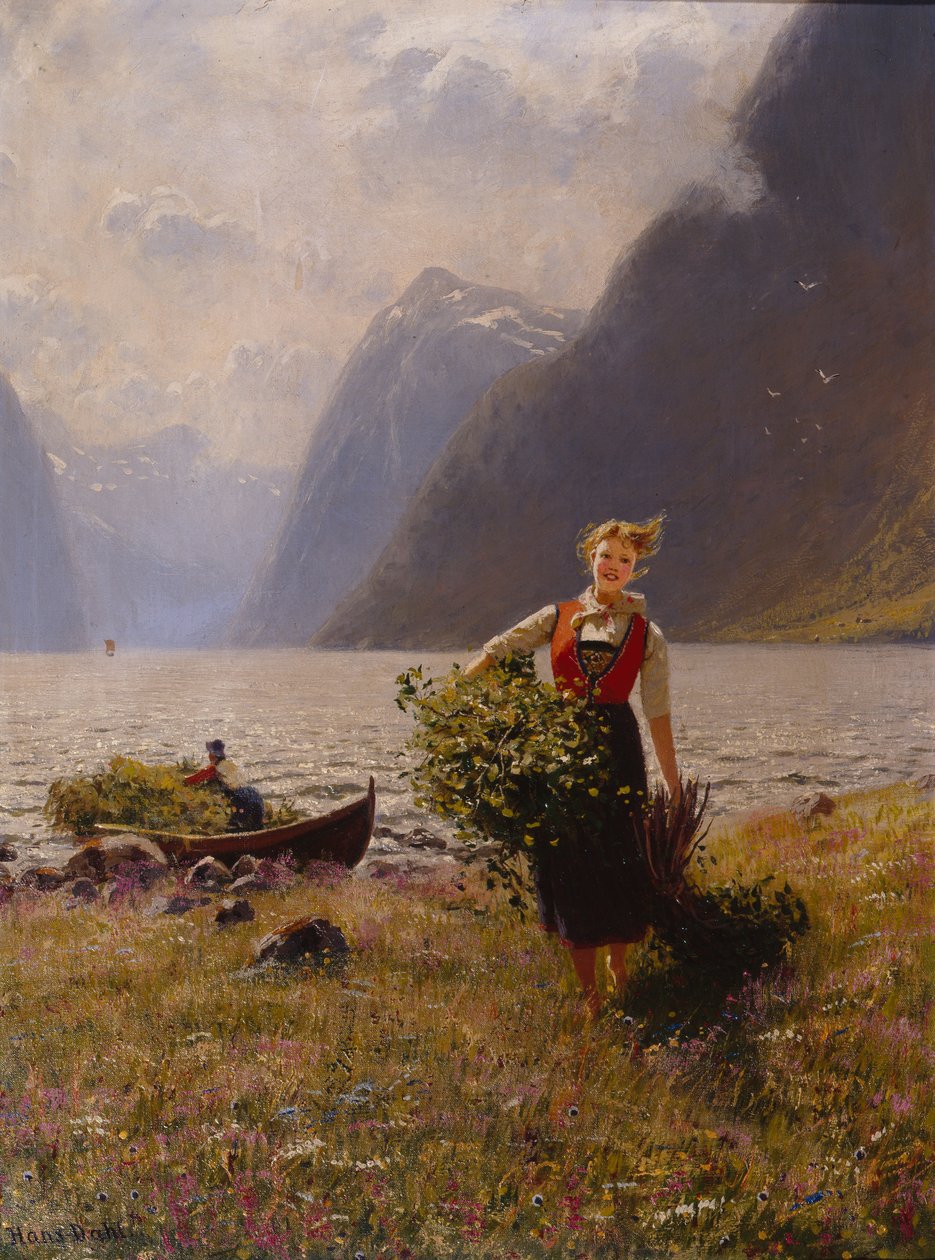 Dairymaid and Band of Leaves (olej na plátně) od Hans Andreas Dahl