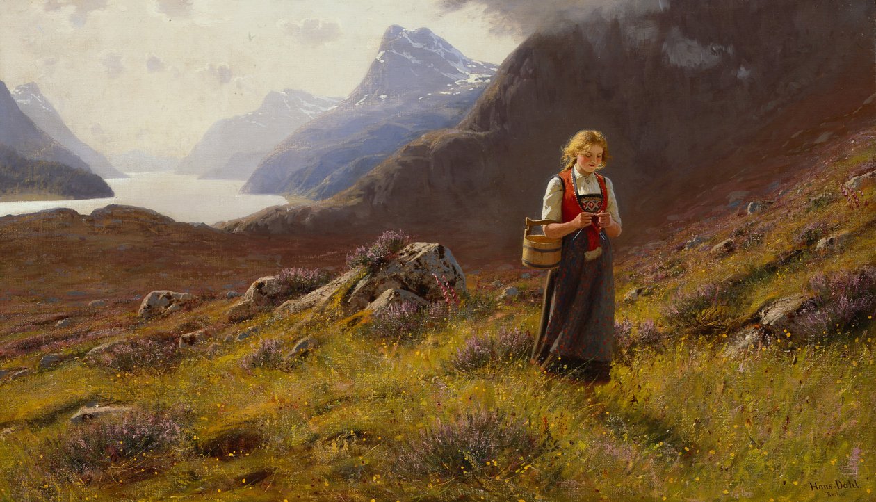 Pletení Dairymaid (olej na plátně) od Hans Andreas Dahl