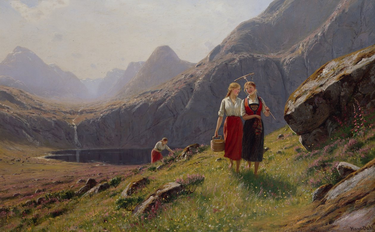 Tři dívky u horského jezera v západním Norsku (olej na plátně) od Hans Andreas Dahl