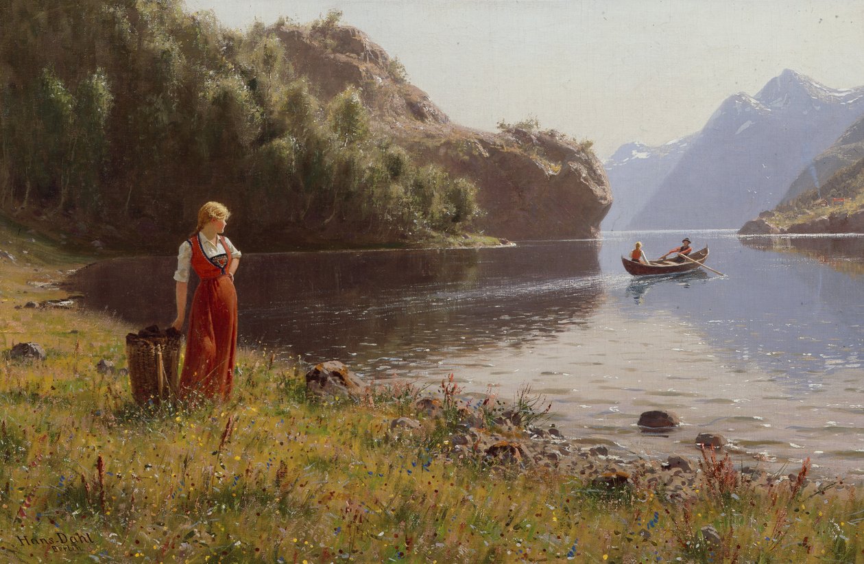 Žena v krajině fjordu (olej na plátně) od Hans Andreas Dahl