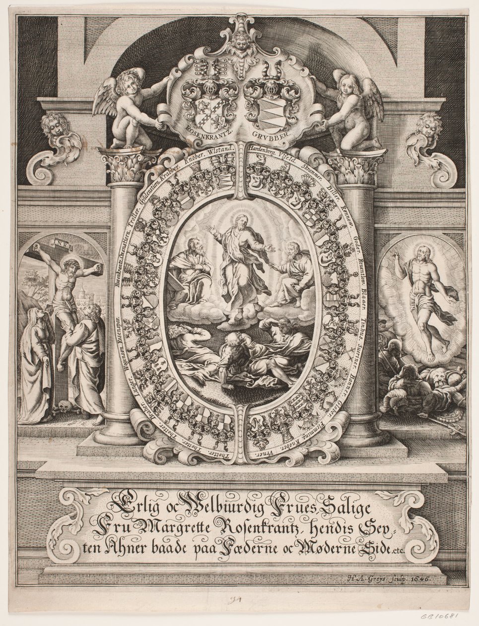 Kristovo vysvětlení. Obklopen štíty Margrethe Rosenkrantzové od Hans Andreas Greys