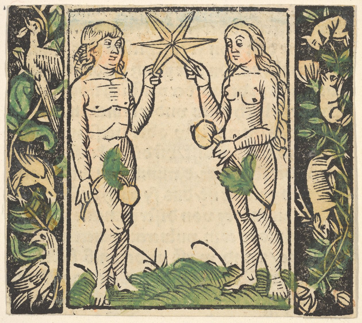 Adam a Eva drží hvězdu, ilustrace z Decided Gart des Rosary Mariae. od Hans Baldung