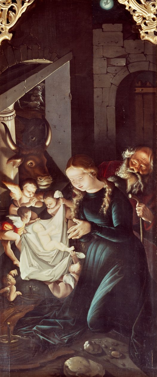Narození Páně, panel Příběhy Panny Marie, Hans Baldung (1484 nebo 1485-1545), oltářní obraz katedrály ve Freiburgu od Hans Baldung Grien