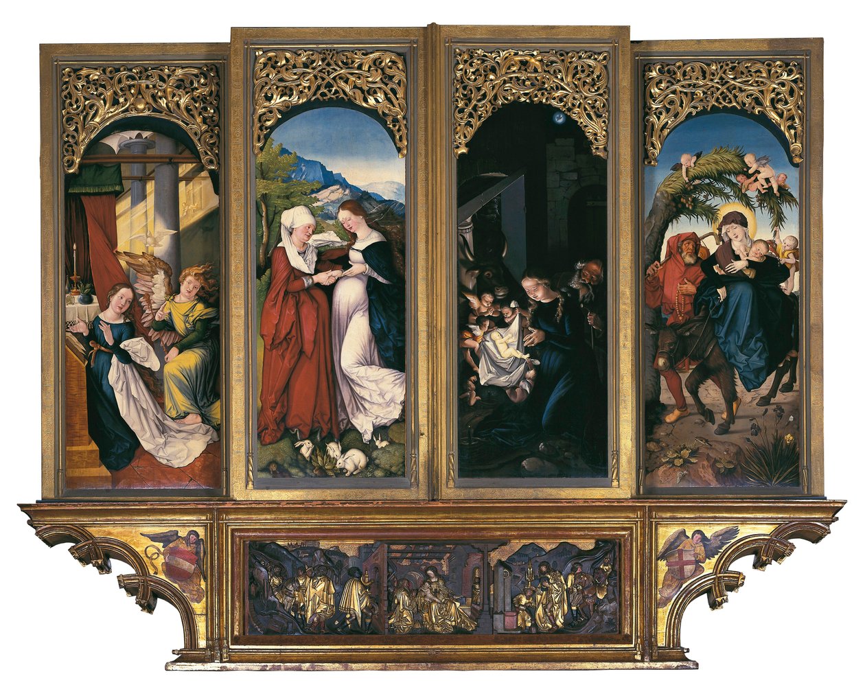 Výjevy ze života Panny Marie: Zvěstování, Navštívení, Narození Páně a Útěk do Egypta. Malba na dřevě od Hanse Baldung dit Grien (1485-1544) Oltář katedrály Panny Marie ve Freiburgu Freiburg im Breisgau, Německo (malba na w od Hans Baldung Grien