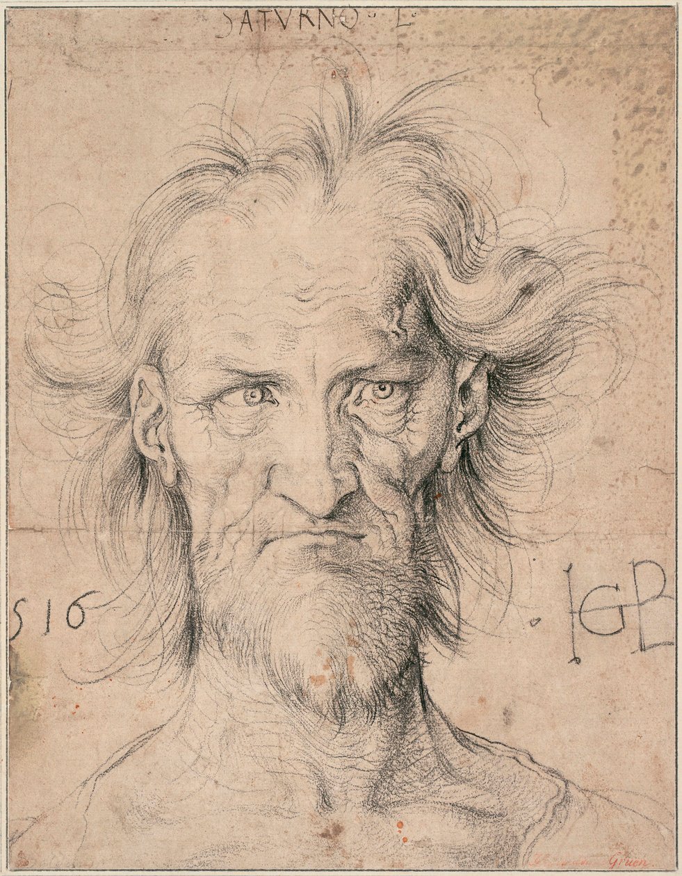 Hlava vousatého staříka, Saturn (Head of a Bearded Old Man ""Saturn") - Kresba Hanse Baldunga (1484-1545), černá křída na papíře od Hans Baldung Grien