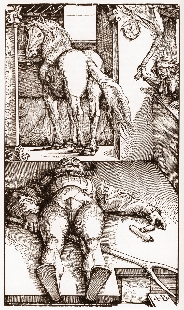 Očarovaný palefrenier - (Spící ženich a čarodějka) dřevorytina Hanse Baldunga Griena (1485-1544) kolem roku 1544 - od Hans Baldung Grien