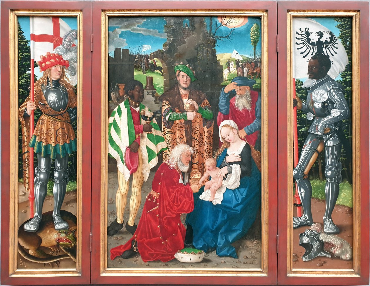 Tříkrálový oltářní obraz
Vlevo: svatý Jiří
Uprostřed: sv: Klanění králů

Vpravo: sv: Svatý Mauritius od Hans Baldung Grien