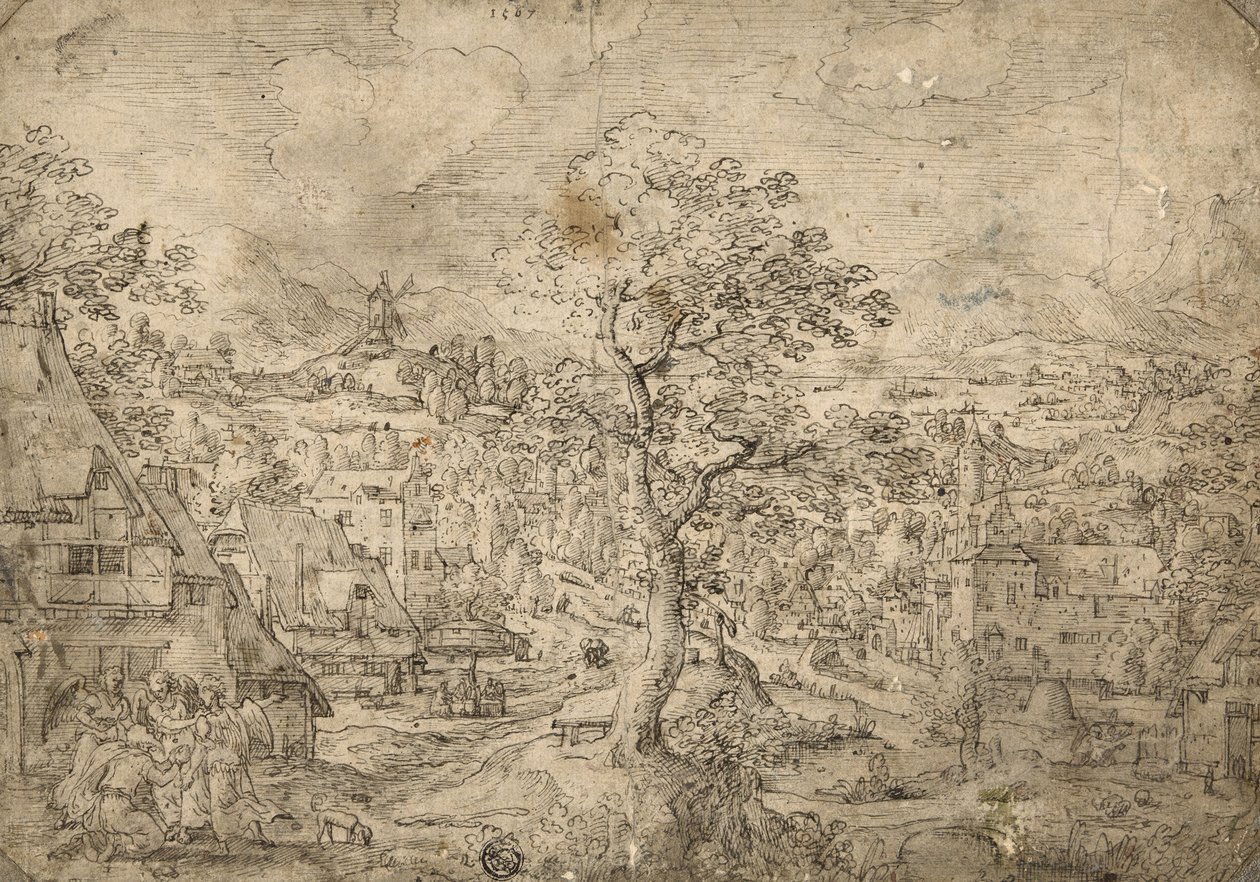 Krajina s Abrahamem a anděly, 1567 od Hans Bol