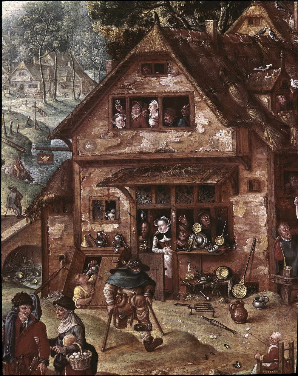 Pohled na vesnici s burleskními scénami. Detail hospody od Hans Bol