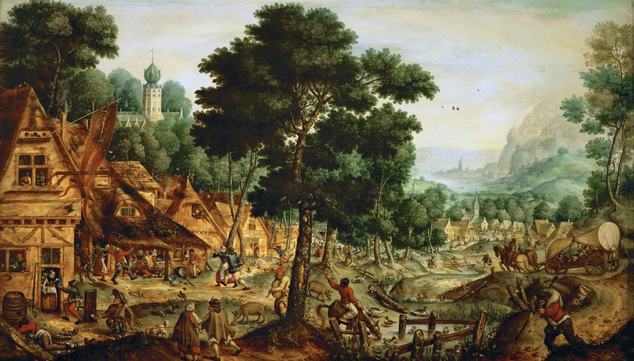 Vesnický flamand - život na vlámské vesnici - Hans Bol (1534-1593). Olej na dřevě, cca 1562. Rozměr : 49,5x83,8 cm. Uměleckohistorické muzeum, Vienne od Hans Bol