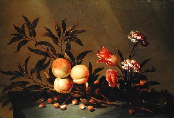 Zátiší broskví a květin, 1641 od Hans Bollongier