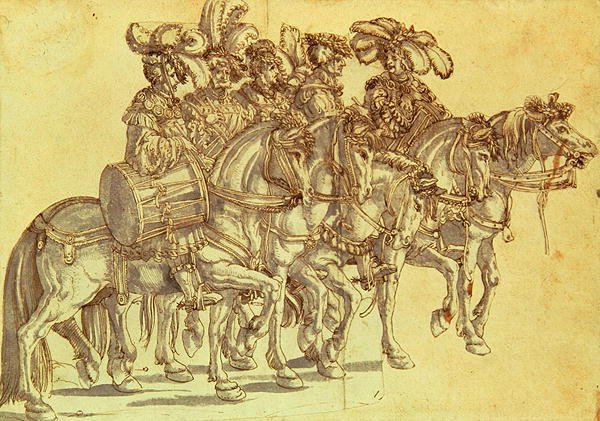 Pět bubeníků na koni, cca 1500 (pero, inkoust a pero na papíře) od Hans Burgkmair