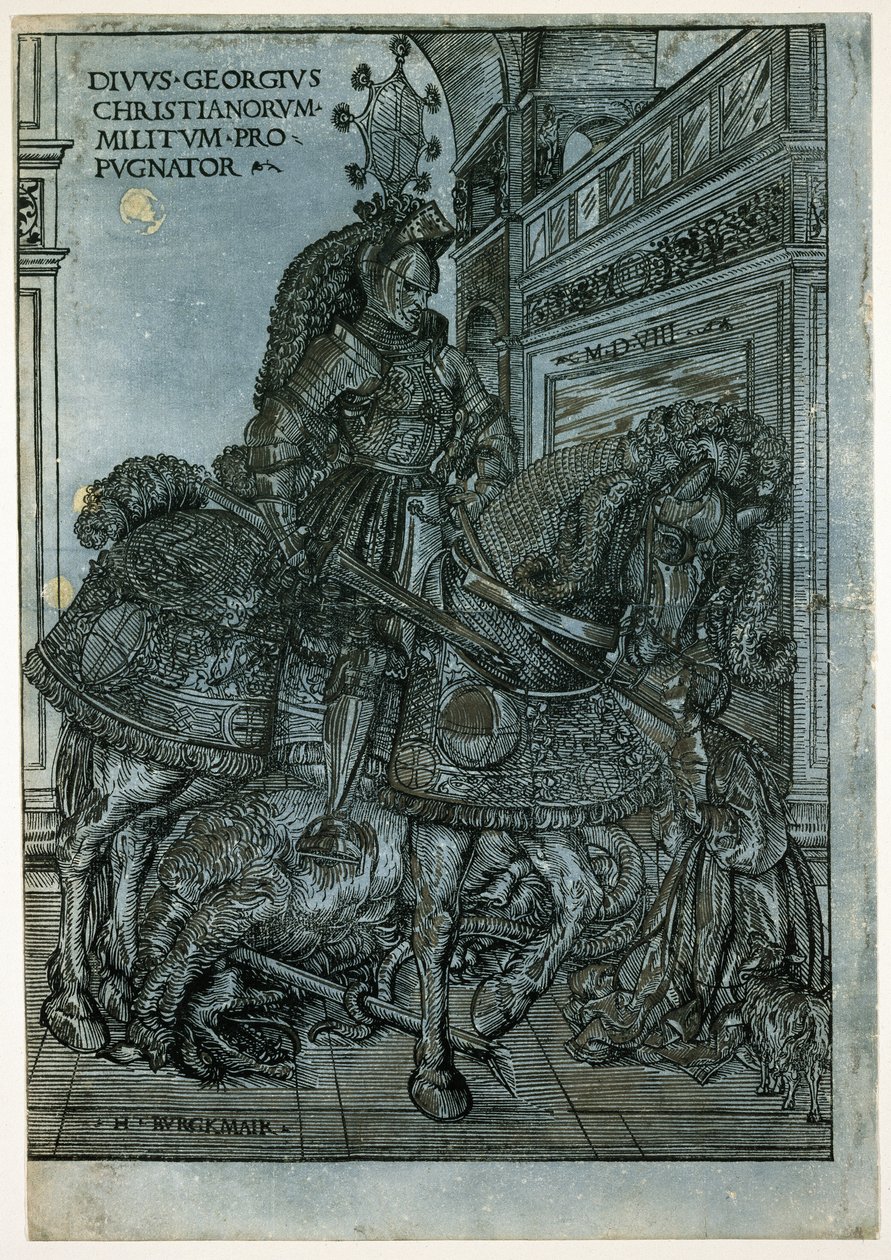 Svatý Jiří na koni, 1508 (chiaroscuro dřevoryt) od Hans Burgkmair