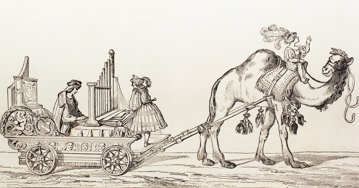 Varhaník Paul Hofhaimer hrající v kočáře taženém velbloudem z „El Mundo Ilustrado“, vydaného v Barceloně, 1880. od Hans Burgkmair