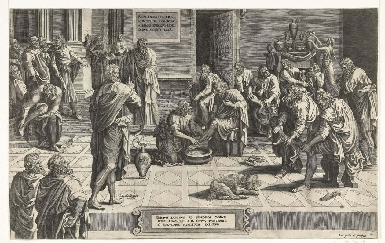 Christ wast de voeten van de discipelen Pán všech se klaní na kolena, aby umyl nohy svým služebníkům, příklad jedinečné pokory (titul na předmětu) od Hans Collaert (I) (attributed to)