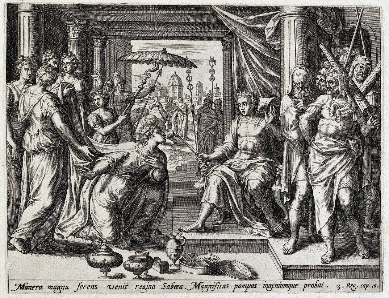 Salomo ontangt de koningin van Seba Geschiedenis van Salomo (název série) Historie krále Šalamouna (...) (název série) Poklad posvátné historie starého zákona, vybraný s nejznamenitějšími obrazy vyjádřenými v tomto umění od Hans Collaert (I) (attributed to)