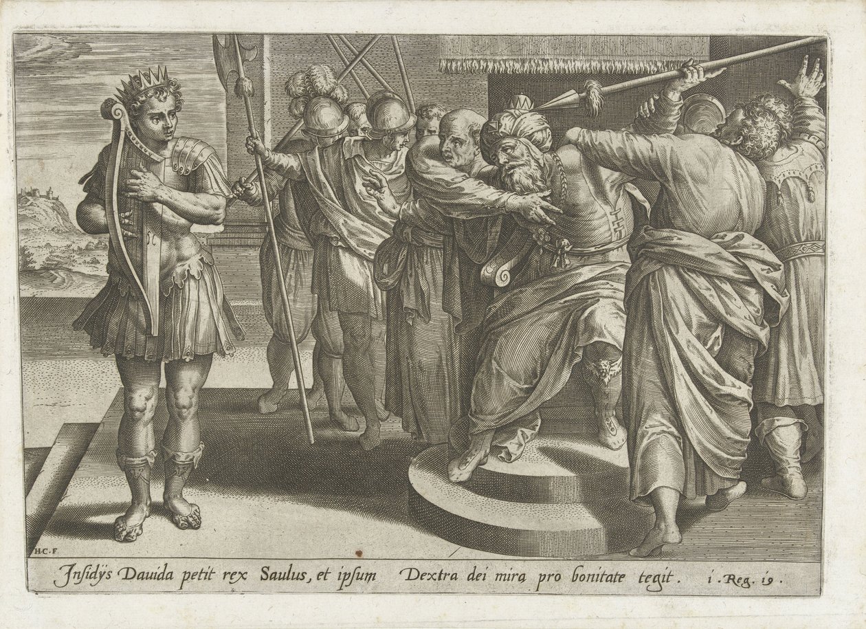Saul se snaží zabít Davida David a Saul (název série) od Hans Collaert (I)