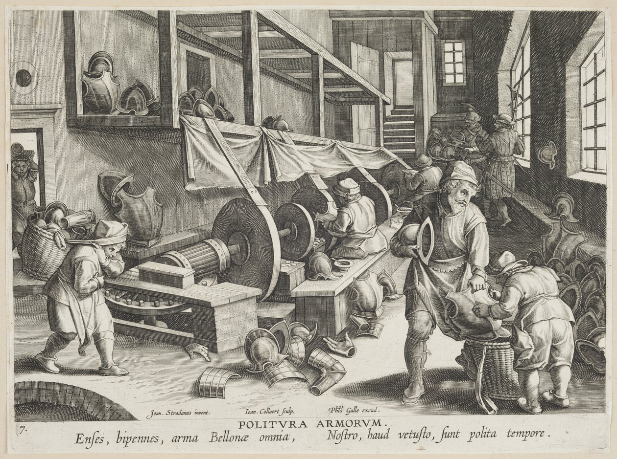 Politura Armorum (Lešticí zbraně), deska 17 ze série Nova Reperta (Moderní objevy) c.1588 (rytina na položený papír) od Hans Collaert