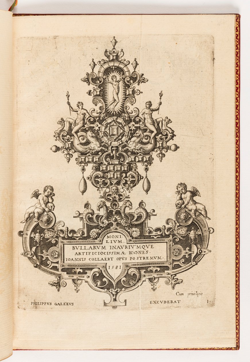 Deska 1, titulní strana ze sady deseti, s názvem Monilium Bullarum Inauriumque Artificocissimae Icones, Ioannis Collaert Opus Postremum (Návrhy náhrdelníků, přívěsků a náušnic nejvyšší dovednosti, závěrečné dílo Joannise Collaerta) od Hans Collaert the Elder