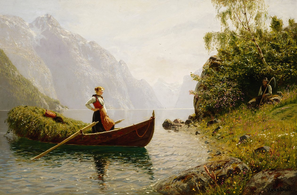Žena a muž v krajině fjordu od Hans Dahl