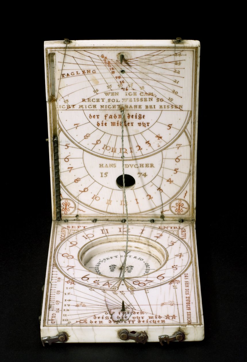 Sluneční hodiny tabletového kompasu, Norimberk, 1574 (viz také 259577-79) od Hans Ducher