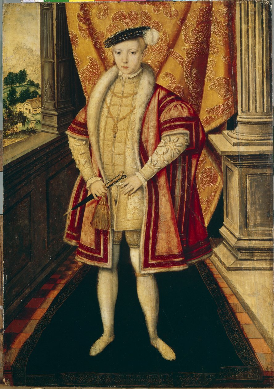 Portrét krále Edwarda VI. (1537-1553) Anglie a Irska (Portrét anglického krále Edwarda VI.). třetím vládcem dynastie Tudorů, byl prvním protestantským vládcem, který nastoupil na trůn. Obraz Hanse Ewortha (Ewouts) (cca od Hans Eworth or Ewoutsz