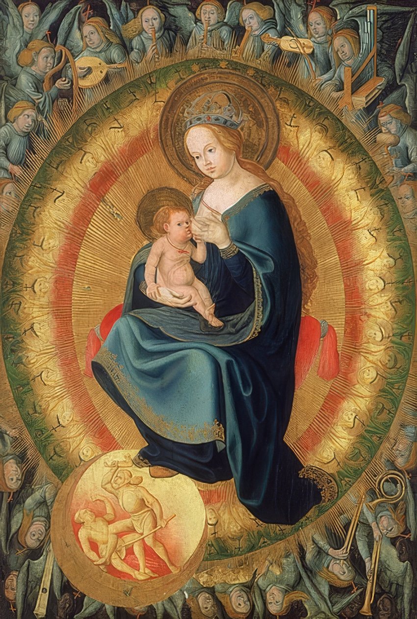 Marie kojí dítě v andělské slávě. 1500-10 od Hans Fries