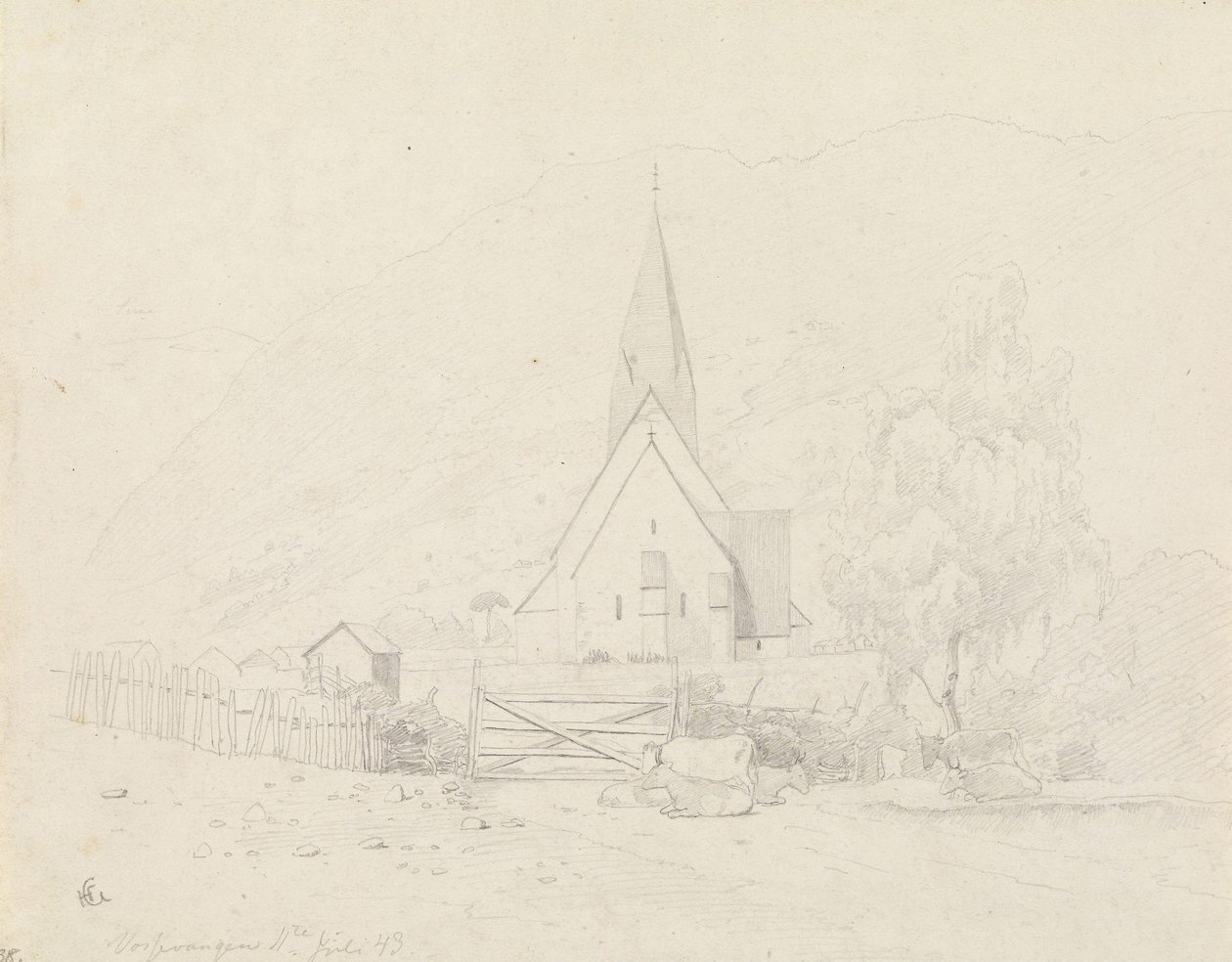 Vossevangen s kostelem Voss od Hans Gude